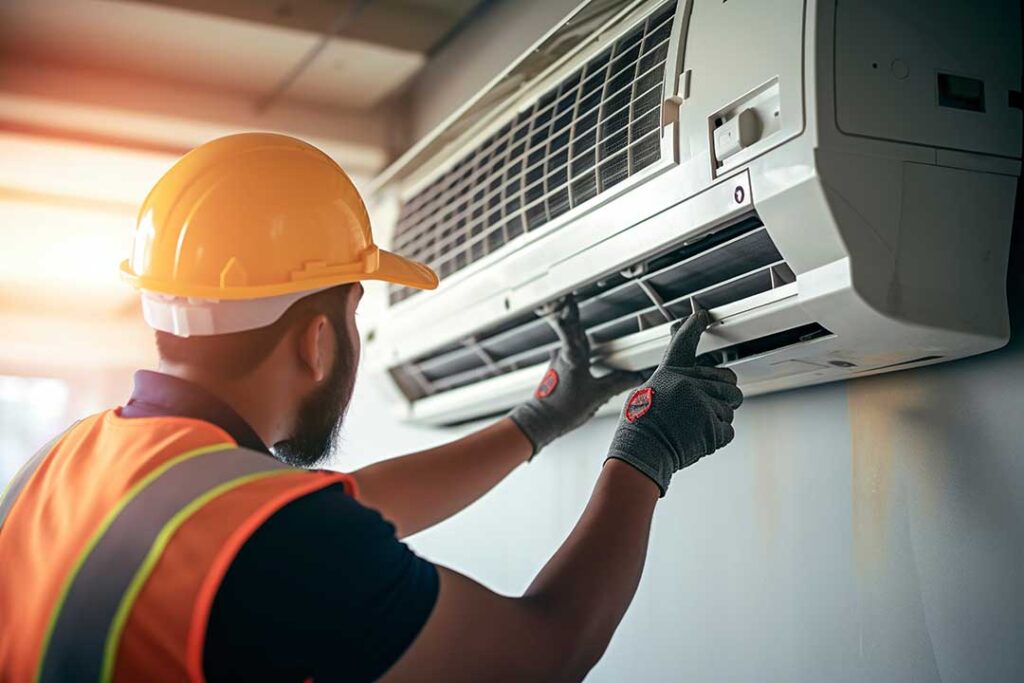 A technician installs ductwork in a residential basement with heating equipment visible nearby.