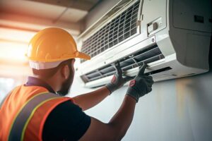 A technician installs ductwork in a residential basement with heating equipment visible nearby.