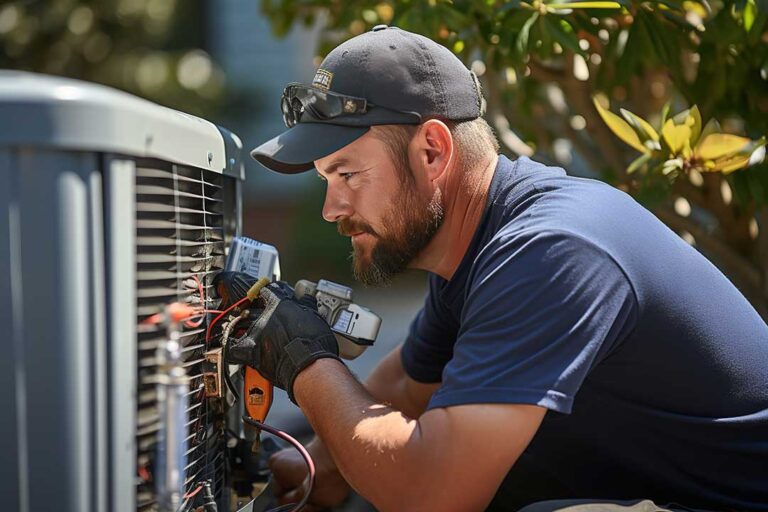 Outdoor heat pump beside a snow-covered home with a technician checking the outdoor coil.